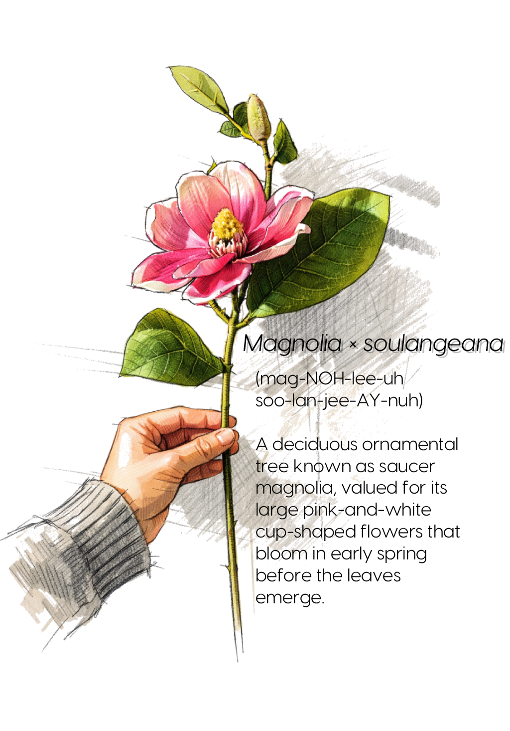 Illustration of a hand holding a single Magnolia × soulangeana stem with a large pink-and-white cup-shaped flower and green leaves, accompanied by its pronunciation and a description reading: "A deciduous ornamental tree known as saucer magnolia, valued fo