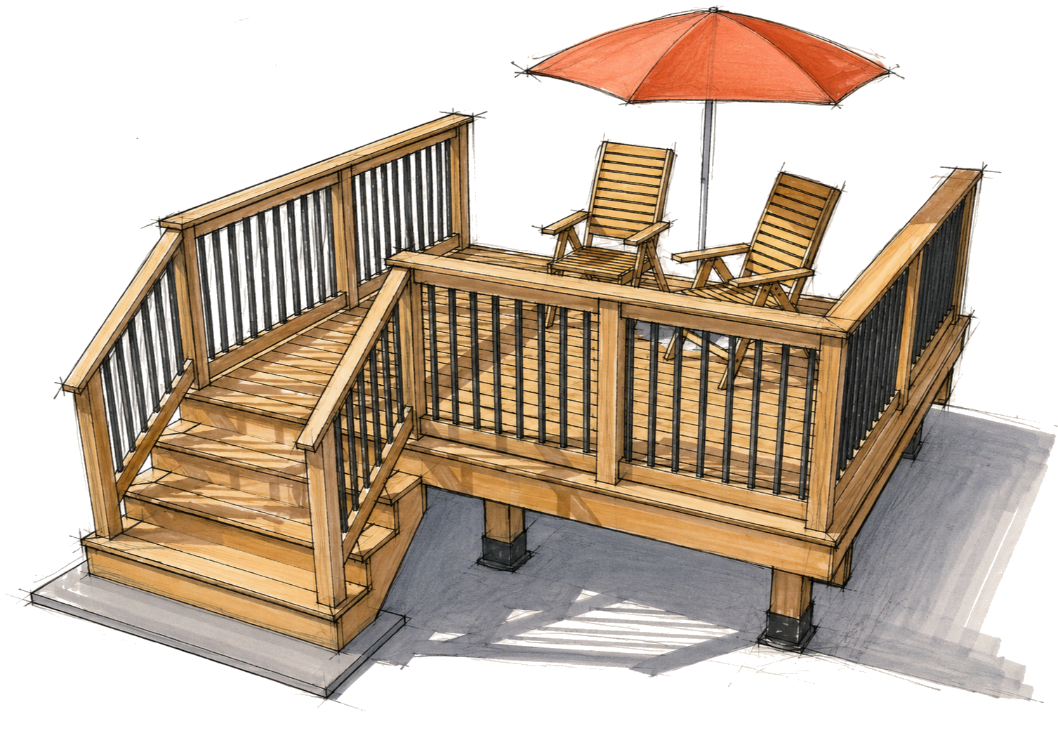 Architectural sketch illustration of The Clover, a 14' × 14' freestanding deck with metal balusters, wood railings, wide staircase, and pink patio furniture including a lounge chair and sectional sofa.